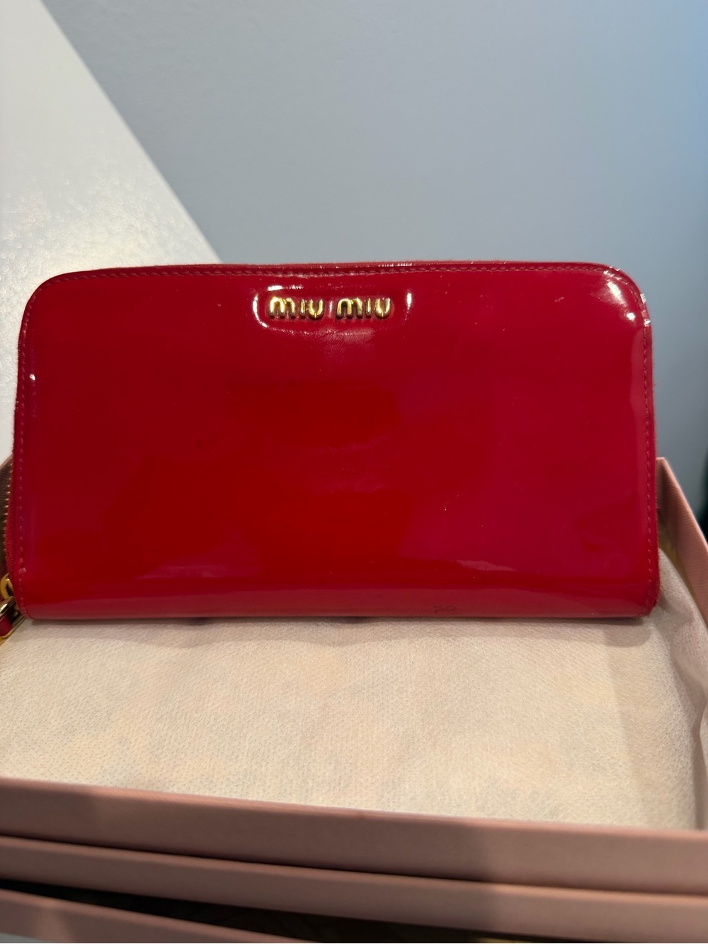 Authentic Miu Miu Glossy Red Patent Zip-Around Wallet with Gold Logo